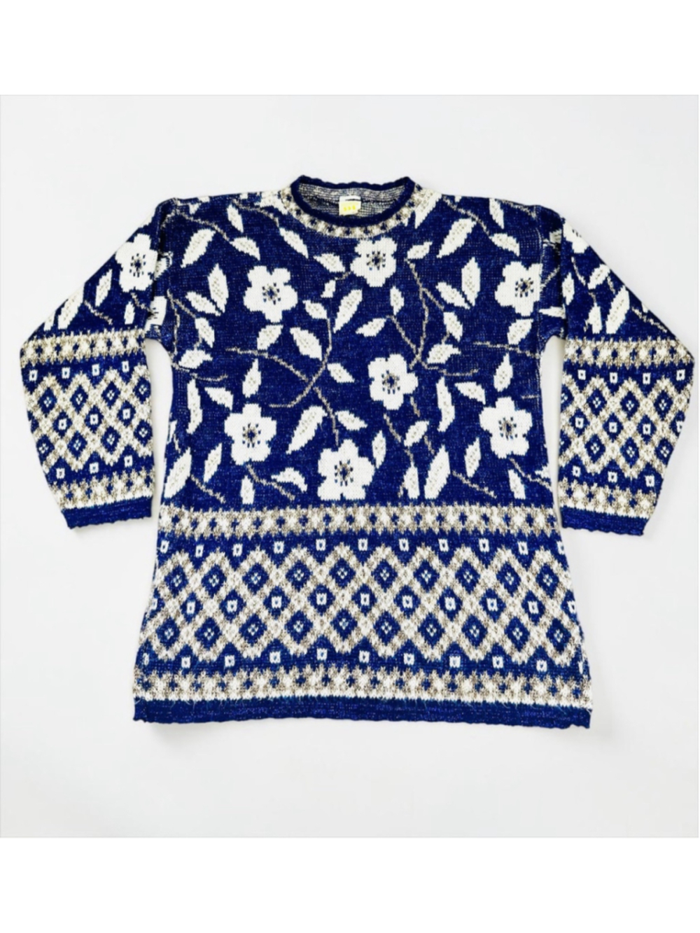 Vintage Holiday Time Metallic Blue Sparkle Floral Blue Sweater Small Made in USA